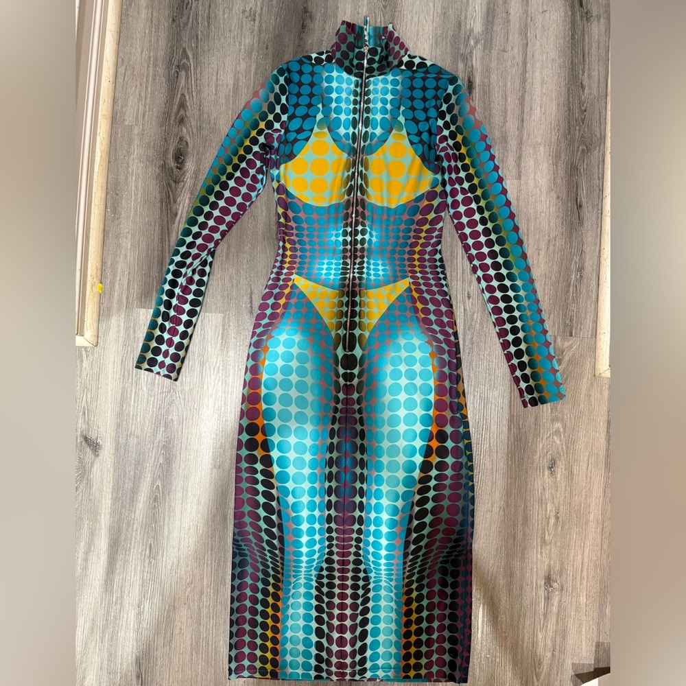 Jean Paul Gaultier Long Sleeve Polka-Dot Bodycon Dress in Teal & Yellow